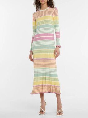 Rixo Miller Women US 16 Pastel Stripe Rib Knit Maxi Dress Cottagecore Y2K Chic